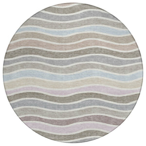 HomeRoots 8' Contemporary Round Striped Area Rug in Tan, Beige & Ivory - Washable for Indoor/Outdoor Use! 659828