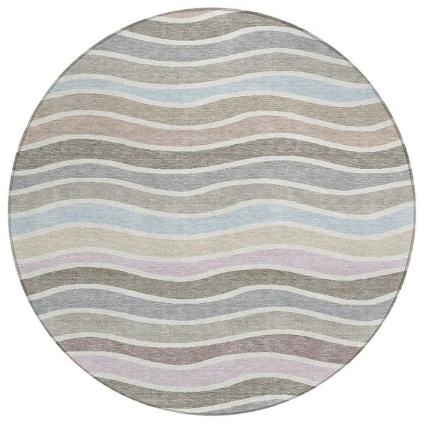 HomeRoots 8' Contemporary Round Striped Area Rug in Tan, Beige & Ivory - Washable for Indoor/Outdoor Use! 659828