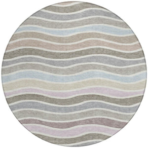 HomeRoots 8' Contemporary Round Striped Area Rug in Tan, Beige & Ivory - Washable for Indoor/Outdoor Use! 659828