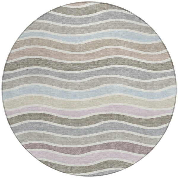 HomeRoots 8' Contemporary Round Striped Area Rug in Tan, Beige & Ivory - Washable for Indoor/Outdoor Use! 659828