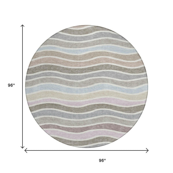 HomeRoots 8' Contemporary Round Striped Area Rug in Tan, Beige & Ivory - Washable for Indoor/Outdoor Use! 659828