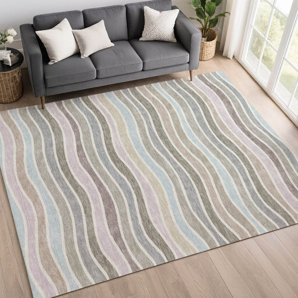 HomeRoots 8' X 10' Tan Beige & Ivory Striped Area Rug - Washable, Durable Design for Indoor & Outdoor Spaces 659829