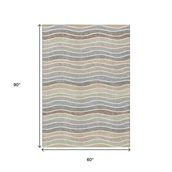 HomeRoots 5' Washable Taupe Ivory Wheat Striped Area Rug – Versatile Indoor/Outdoor Decor for High-Traffic Homes 659833