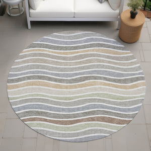 HomeRoots 8' Round Striped Area Rug in Taupe, Ivory & Wheat – Durable, Washable for Indoor & Outdoor Use 659834