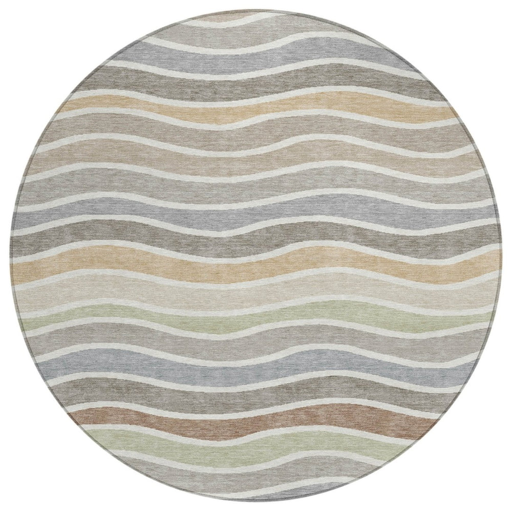 HomeRoots 8' Round Striped Area Rug in Taupe, Ivory & Wheat – Durable, Washable for Indoor & Outdoor Use 659834