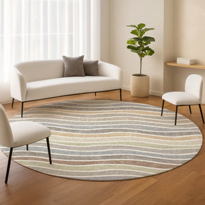 HomeRoots 8' Round Striped Area Rug in Taupe, Ivory & Wheat – Durable, Washable for Indoor & Outdoor Use 659834