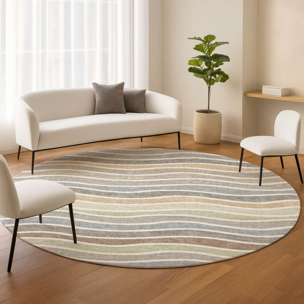 HomeRoots 8' Round Striped Area Rug in Taupe, Ivory & Wheat – Durable, Washable for Indoor & Outdoor Use 659834