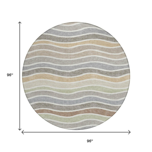 HomeRoots 8' Round Striped Area Rug in Taupe, Ivory & Wheat – Durable, Washable for Indoor & Outdoor Use 659834