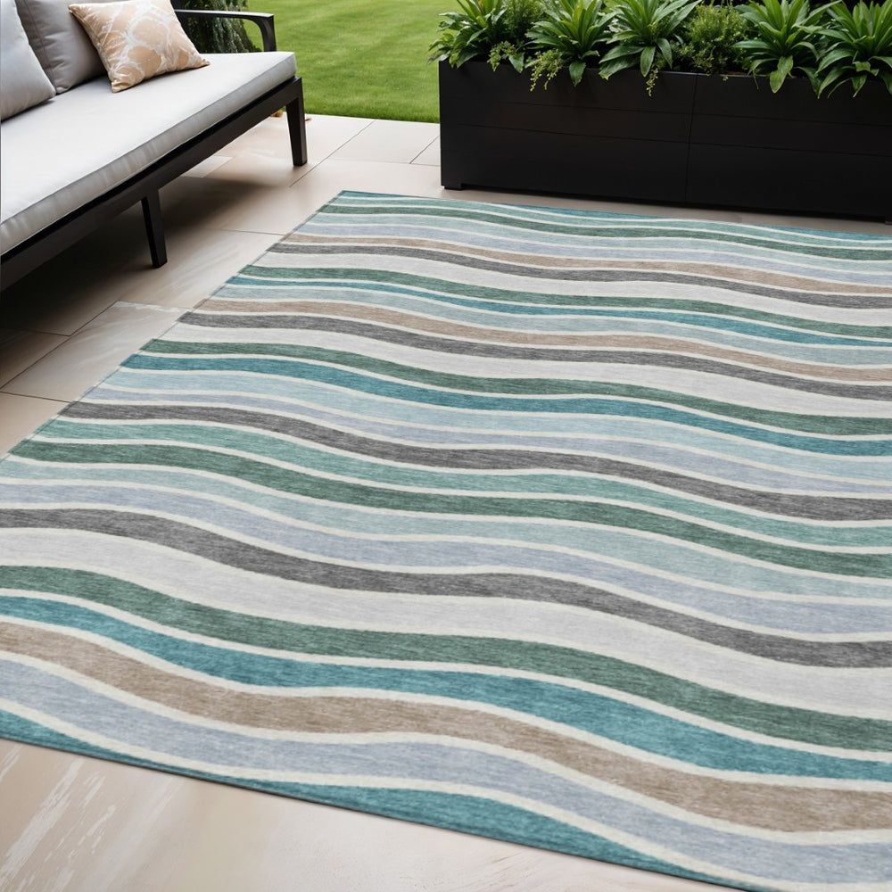 HomeRoots 5' Stylish Teal Blue, Khaki & Ivory Striped Washable Area Rug for Indoor/Outdoor Use - Durable & Easy Care 659839