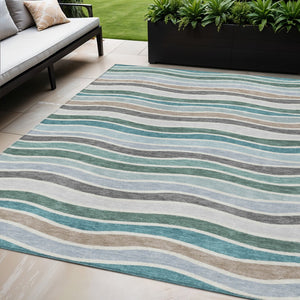 HomeRoots 5' Stylish Teal Blue, Khaki & Ivory Striped Washable Area Rug for Indoor/Outdoor Use - Durable & Easy Care 659839
