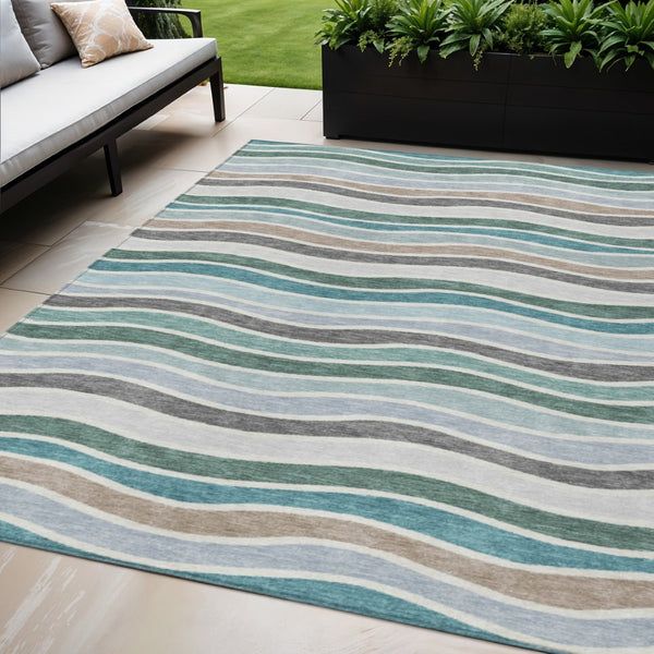 HomeRoots 5' Stylish Teal Blue, Khaki & Ivory Striped Washable Area Rug for Indoor/Outdoor Use - Durable & Easy Care 659839