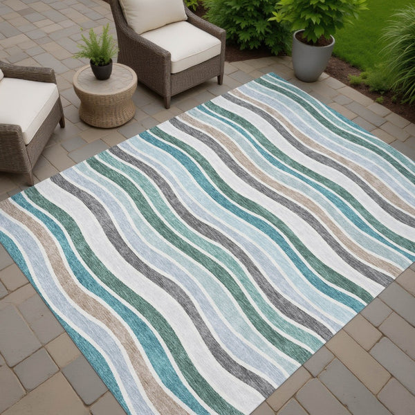 HomeRoots 5' Stylish Teal Blue, Khaki & Ivory Striped Washable Area Rug for Indoor/Outdoor Use - Durable & Easy Care 659839