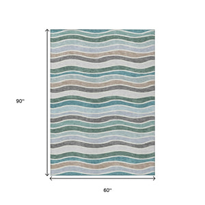 HomeRoots 5' Stylish Teal Blue, Khaki & Ivory Striped Washable Area Rug for Indoor/Outdoor Use - Durable & Easy Care 659839