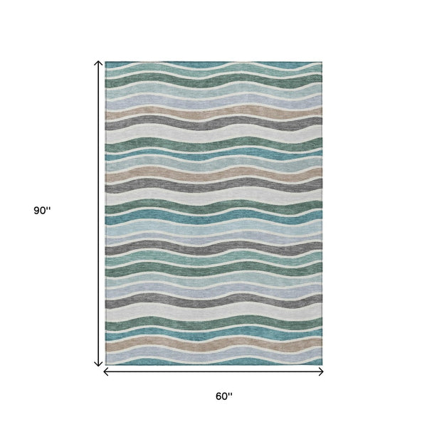 HomeRoots 5' Stylish Teal Blue, Khaki & Ivory Striped Washable Area Rug for Indoor/Outdoor Use - Durable & Easy Care 659839