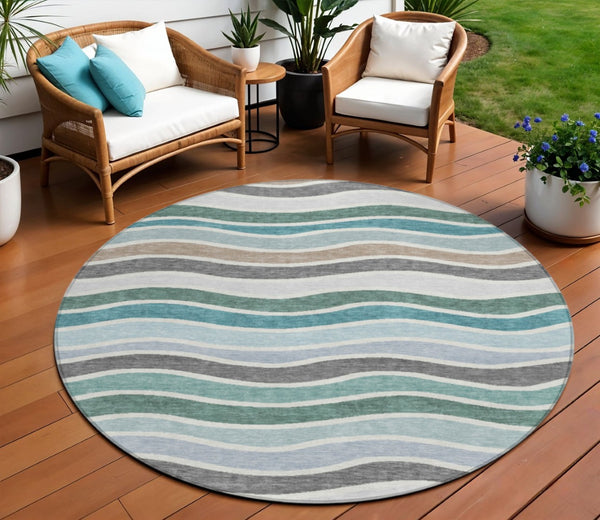 HomeRoots 8' Teal Blue, Khaki & Ivory Round Striped Washable Rug - Stylish, Durable & Perfect for Any Space! 659840