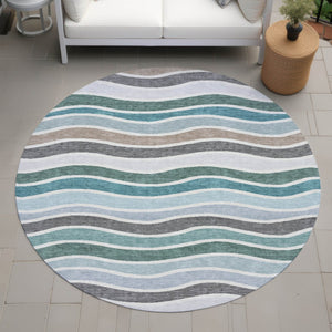 HomeRoots 8' Teal Blue, Khaki & Ivory Round Striped Washable Rug - Stylish, Durable & Perfect for Any Space! 659840