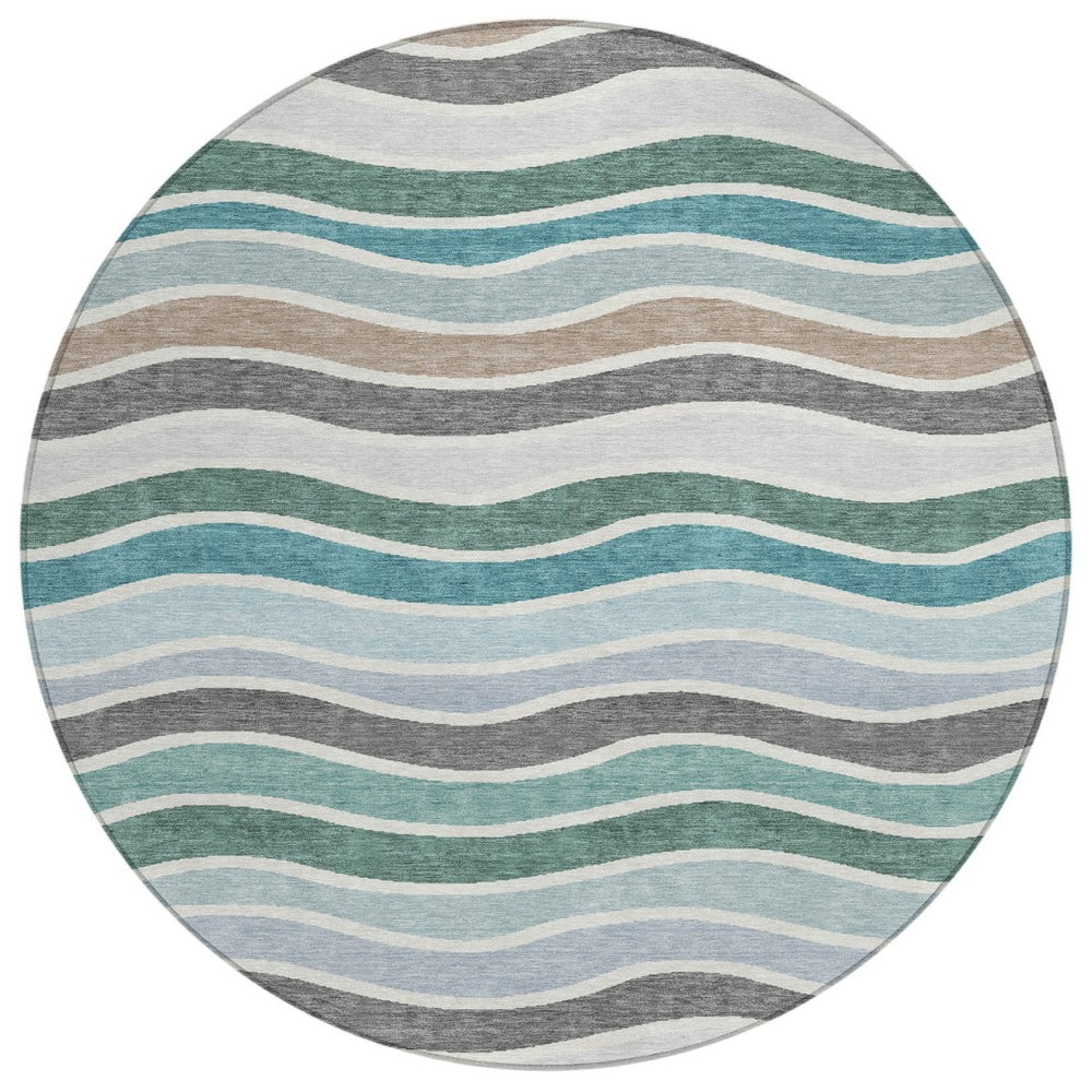 HomeRoots 8' Teal Blue, Khaki & Ivory Round Striped Washable Rug - Stylish, Durable & Perfect for Any Space! 659840