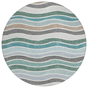HomeRoots 8' Teal Blue, Khaki & Ivory Round Striped Washable Rug - Stylish, Durable & Perfect for Any Space! 659840