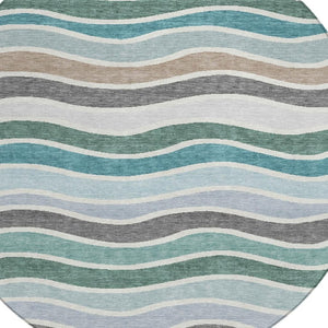 HomeRoots 8' Teal Blue, Khaki & Ivory Round Striped Washable Rug - Stylish, Durable & Perfect for Any Space! 659840