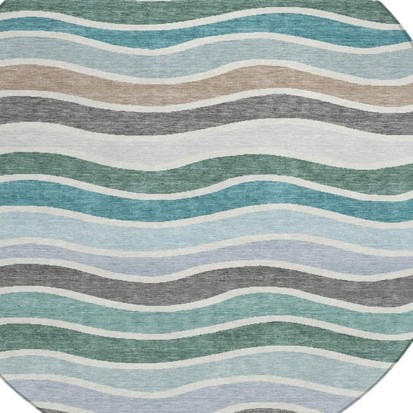 HomeRoots 8' Teal Blue, Khaki & Ivory Round Striped Washable Rug - Stylish, Durable & Perfect for Any Space! 659840