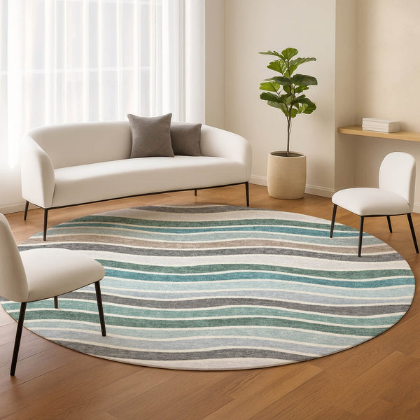 HomeRoots 8' Teal Blue, Khaki & Ivory Round Striped Washable Rug - Stylish, Durable & Perfect for Any Space! 659840