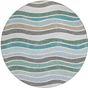 HomeRoots 8' Teal Blue, Khaki & Ivory Round Striped Washable Rug - Stylish, Durable & Perfect for Any Space! 659840