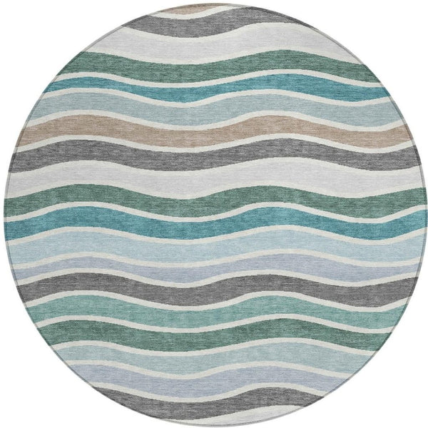 HomeRoots 8' Teal Blue, Khaki & Ivory Round Striped Washable Rug - Stylish, Durable & Perfect for Any Space! 659840