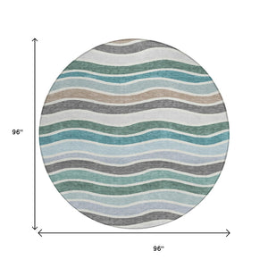 HomeRoots 8' Teal Blue, Khaki & Ivory Round Striped Washable Rug - Stylish, Durable & Perfect for Any Space! 659840