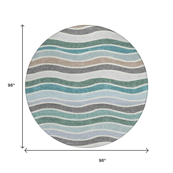 HomeRoots 8' Teal Blue, Khaki & Ivory Round Striped Washable Rug - Stylish, Durable & Perfect for Any Space! 659840