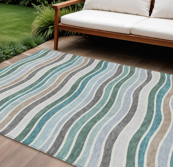 HomeRoots 8' X 10' Vibrant Teal Blue Striped Area Rug – Durable, Washable, Indoor/Outdoor Versatility for Every Space 659841