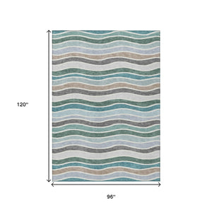 HomeRoots 8' X 10' Vibrant Teal Blue Striped Area Rug – Durable, Washable, Indoor/Outdoor Versatility for Every Space 659841