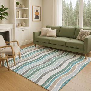 HomeRoots 8' X 10' Vibrant Teal Blue Striped Area Rug – Durable, Washable, Indoor/Outdoor Versatility for Every Space 659841