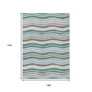 HomeRoots 9' X 12' Teal Blue Khaki Ivory Striped Washable Rug - Durable Indoor/Outdoor Accent for Any Space 659842