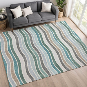 HomeRoots 9' X 12' Teal Blue Khaki Ivory Striped Washable Rug - Durable Indoor/Outdoor Accent for Any Space 659842