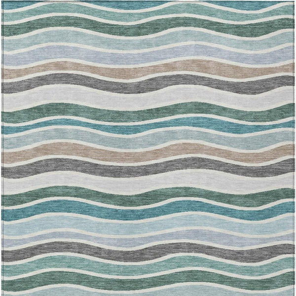 HomeRoots 10' Indoor Outdoor Striped Area Rug in Teal Blue, Khaki & Ivory - Stain-Resistant & Washable! 659843
