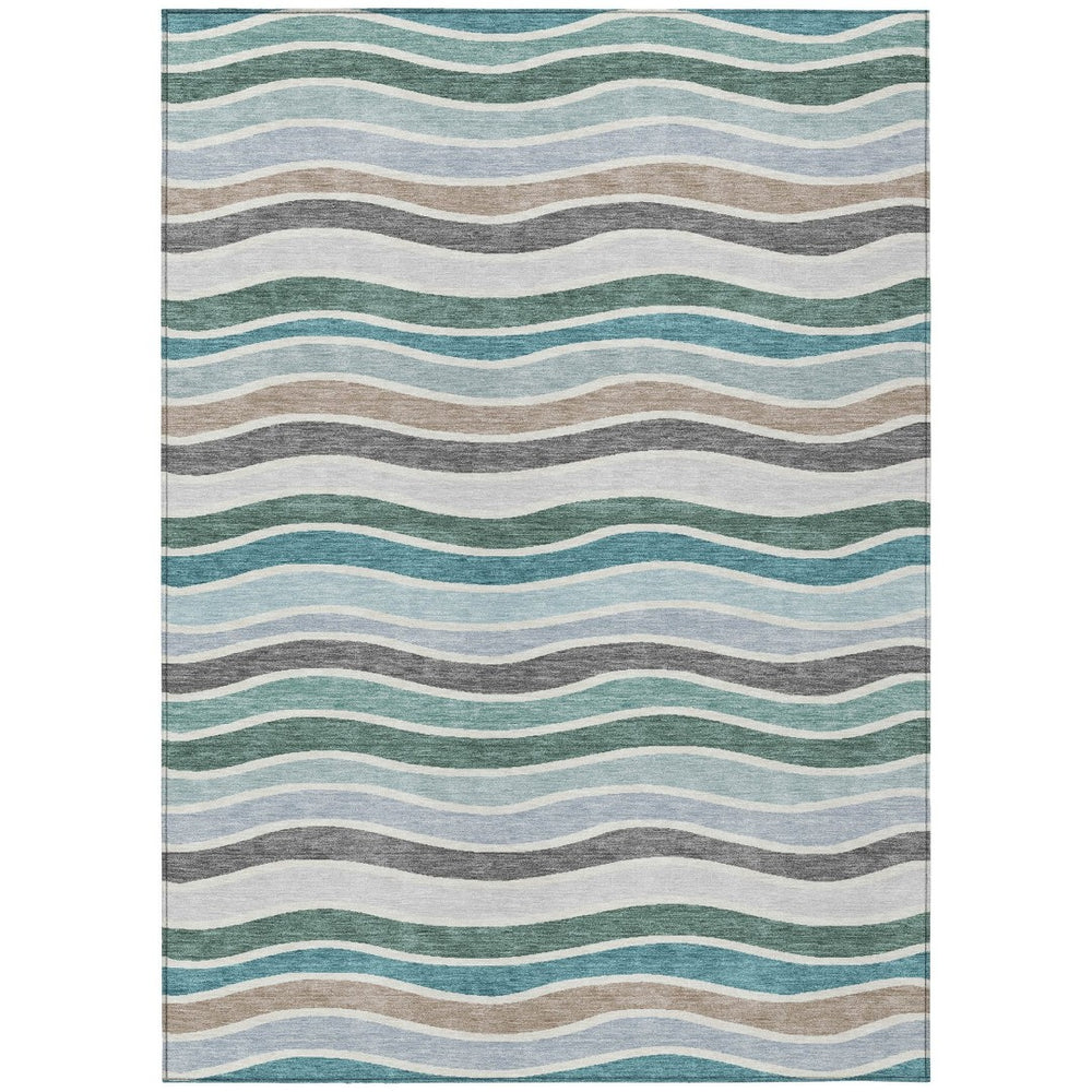 HomeRoots 10' Indoor Outdoor Striped Area Rug in Teal Blue, Khaki & Ivory - Stain-Resistant & Washable! 659843