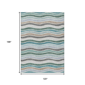 HomeRoots 10' Indoor Outdoor Striped Area Rug in Teal Blue, Khaki & Ivory - Stain-Resistant & Washable! 659843