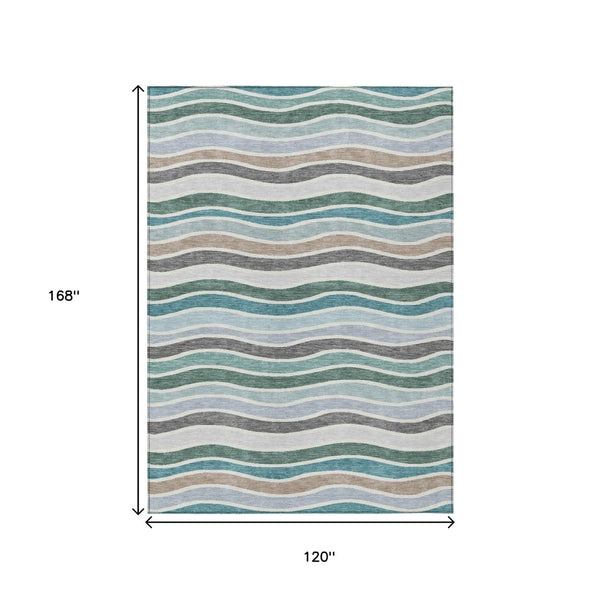 HomeRoots 10' Indoor Outdoor Striped Area Rug in Teal Blue, Khaki & Ivory - Stain-Resistant & Washable! 659843