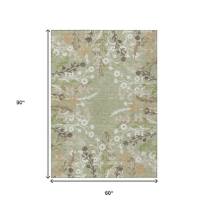 HomeRoots 5' X 8' Artichoke Green Floral Area Rug - Durable, Washable, Indoor/Outdoor - Stylish & Versatile 659845