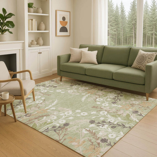 HomeRoots 5' X 8' Artichoke Green Floral Area Rug - Durable, Washable, Indoor/Outdoor - Stylish & Versatile 659845