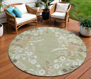 HomeRoots 8' Round Floral Area Rug in Artichoke Green, Wheat & Ivory – Washable, Durable for Indoor & Outdoor Use 659846