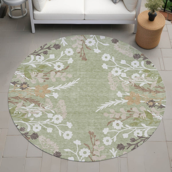 HomeRoots 8' Round Floral Area Rug in Artichoke Green, Wheat & Ivory – Washable, Durable for Indoor & Outdoor Use 659846