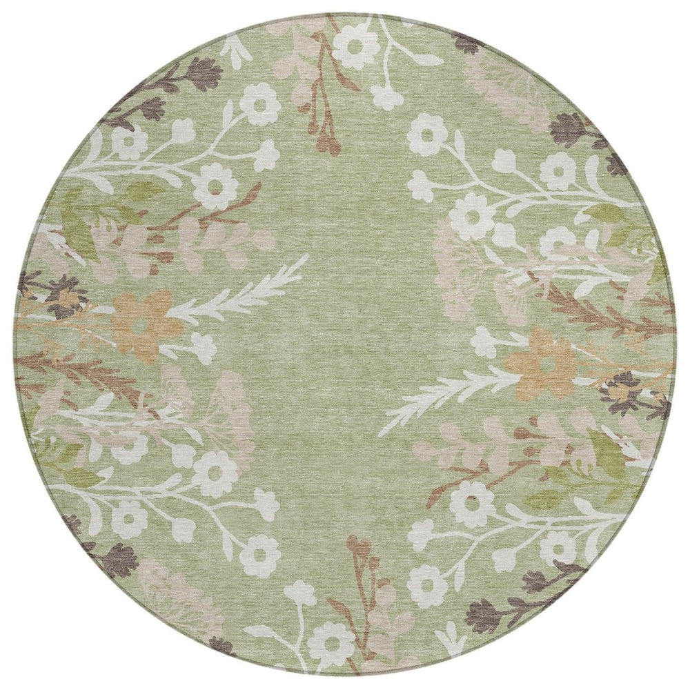HomeRoots 8' Round Floral Area Rug in Artichoke Green, Wheat & Ivory – Washable, Durable for Indoor & Outdoor Use 659846