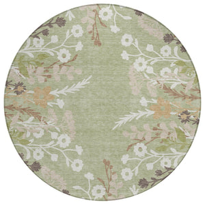 HomeRoots 8' Round Floral Area Rug in Artichoke Green, Wheat & Ivory – Washable, Durable for Indoor & Outdoor Use 659846