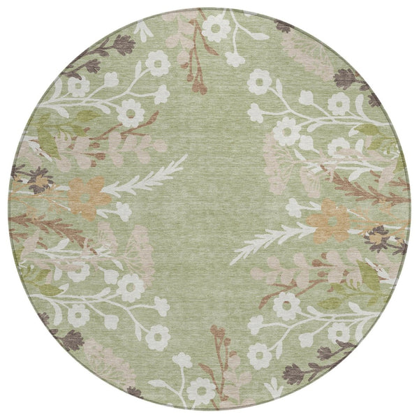 HomeRoots 8' Round Floral Area Rug in Artichoke Green, Wheat & Ivory – Washable, Durable for Indoor & Outdoor Use 659846