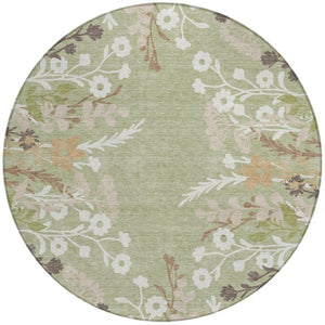 HomeRoots 8' Round Floral Area Rug in Artichoke Green, Wheat & Ivory – Washable, Durable for Indoor & Outdoor Use 659846