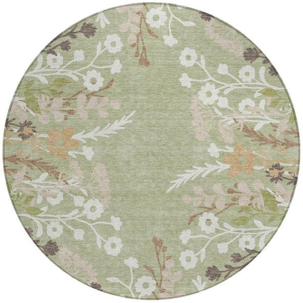 HomeRoots 8' Round Floral Area Rug in Artichoke Green, Wheat & Ivory – Washable, Durable for Indoor & Outdoor Use 659846