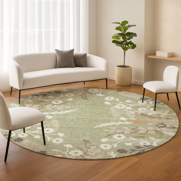 HomeRoots 8' Round Floral Area Rug in Artichoke Green, Wheat & Ivory – Washable, Durable for Indoor & Outdoor Use 659846