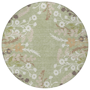 HomeRoots 8' Round Floral Area Rug in Artichoke Green, Wheat & Ivory – Washable, Durable for Indoor & Outdoor Use 659846