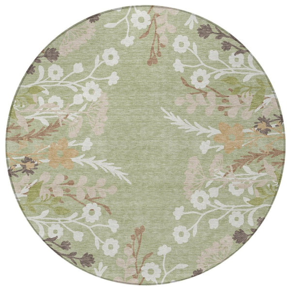 HomeRoots 8' Round Floral Area Rug in Artichoke Green, Wheat & Ivory – Washable, Durable for Indoor & Outdoor Use 659846